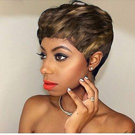 HOTKIS Short Human Hair Wigs Pixie Cut Wig Human Hair Layered Cut Brown Human Hair Short Wavy Wigs for Black Women Highlight Brown Pixie Wig mixed Color with Bangs for Women F4/27#