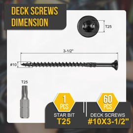 DTGN #10x3-1/2" Deck Screws - 60Pack - Good for Fences, Frames, Farms, Outdoor Furniture - Carbon Steel Wood Screw Decking Screw W/ T25 Torx Star Drive Bit - Black