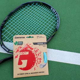 Gamma Sapphire Tennis String Reel, 40 Ft Earth-Friendly Tennis Racket Strings with AMP Copolyester Technology for Effortless Spin and Precision, 16 and 17 Gauge Options, 16 Gauge