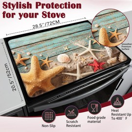 Beach Seashell Starfish Electric Stove Top Cover Protector,Blue Wooden Glass Flat Top Stove Mat,Heat-Resistant Oven Induction Cooktop Mat for Ceramic Countertop Mats Dish Drying Mat