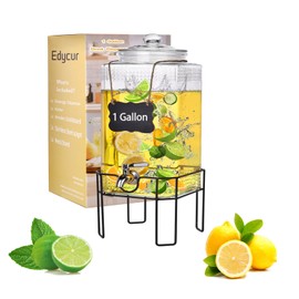 Drink Dispenser, Drink Dispensers for Parties, 1 Gallon Glass Beverage Dispenser with Stand and Glass Lid, 100% Leakproof Spigot, Ideal for Lemonade, Juice, Iced Tea, Laundry Detergent Dispenser