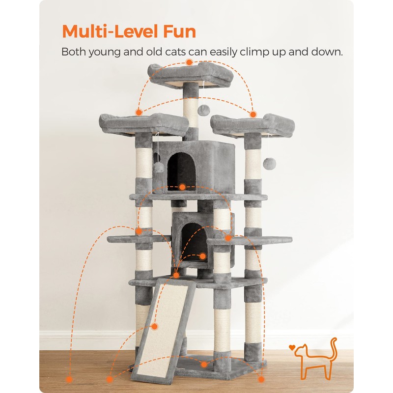 Feandrea 67 Inches Multi-Level Cat Tree for Large Cats, with