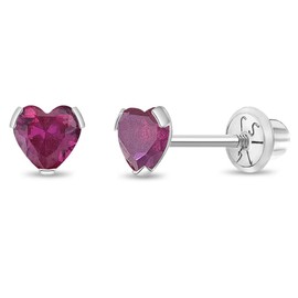 14k White Gold 4mm Heart Simulated Ruby Birthstone Screw Back Earrings for Babies, Infants & Toddlers - Elegant Heart Shaped Girls Earrings - Special Heart Stud Earrings For July Born Girls