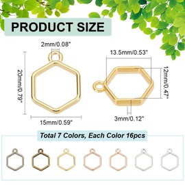 PH PandaHall Pack of 112 7 Colours Hexagon Bezel Pendants 20 x 15 mm Open Back Bezel Charms Hollow Frame Pendant Bezel Tray Pendant for DIY Resin Epoxy Resin Earrings Bracelet, Stainless Steel