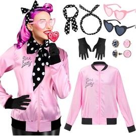 HomeChi Chamarra de Satén Rosa de Los Años 50 Juego 11PCS, Disfraz Mujer con Bufandas Gafas Cintas para El Pelo Pendientes Guantes, Disfraz y Accesorios de Cosplay para Halloween Fiesta Navideño