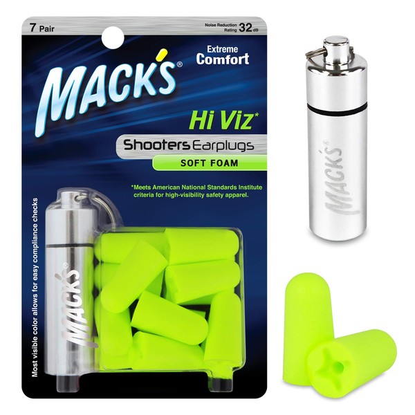 Mack's Shooters Hi Viz Soft Foam (7-Pair) Earplugs with Free Travel Case