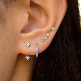 4 Pairs Stud Hoop Earrings Set for Women, Trendy Dangle Jacket Huggie Stacks for Multiple Piercing, Hypoallergenic Cartilage Jewelry Gifts (Gold- Blue Cz Jacket, Gold)