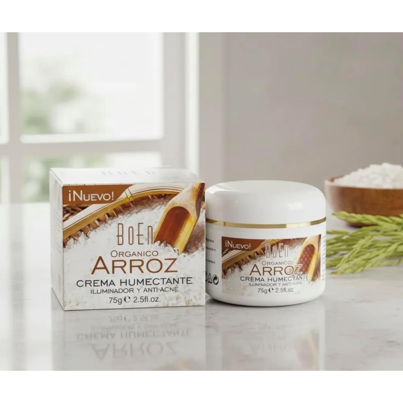 Crema Humectante Orgánica de Arroz, Iluminadora y Anti-Acné, 75g