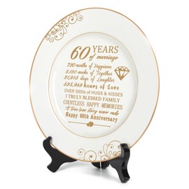 Urllinz 60th Anniversaty Plate with 24k Gold Foil-60th Anniversary Wedding Gifts for Parents Couple,60th Anniversary Decorations,60 Year Diamond Gifts for Grandparents,Ceramic,with Stand 9"