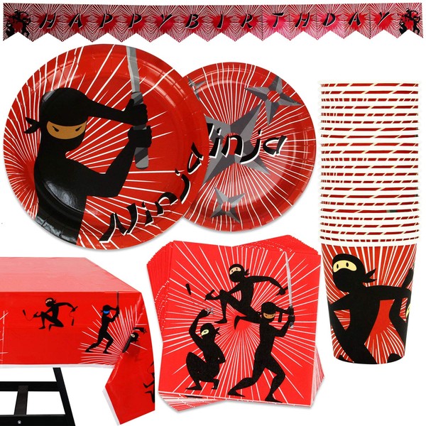 102-Piece Ninja Birthday Party Decorations Set With Plates, Cups, Napkins, Tablecloth, Banner - Serves 25, For Ninja Themed Parties and Celebrations