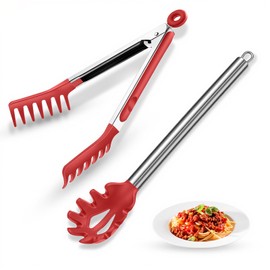 Spaghetti Spoon and Pasta Tong with Teeth and Drain Holes, 2-Piece Non-Stick Silicone Spoon Server Fork with Stainless Steel Handle, Kitchen Tong for Cooking, Serving, Salad and Noodles, Red