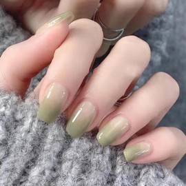 Nail Tip, Short, 24 Pieces, Medium, Round, False Nails, Green, Nail Tip, Medium Long, Popular, Cute, Simple, Fashionable Party, Spring, Summer, Daily Life, Bridal Nail, Coming of Age Ceremonies,