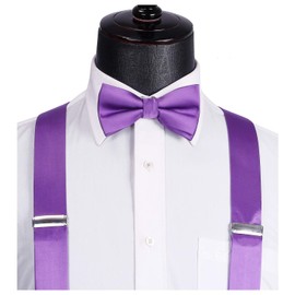 HISDERN Bow Tie and Suspenders for Men Suspender and Bowtie Handkerchief Set Adjustable Y Shape 6 Clips Wedding Brace, 7-purple, One Size