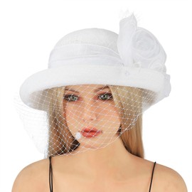 TINAYAUE Women's Summer Sun Hat, Elegant Bridal Hat with Veil, Vintage Fishing Hat, Breathable Beach Hat, Beautiful Princess Hat with Flowers for Holiday, Church, Weddings, Tea Party, White