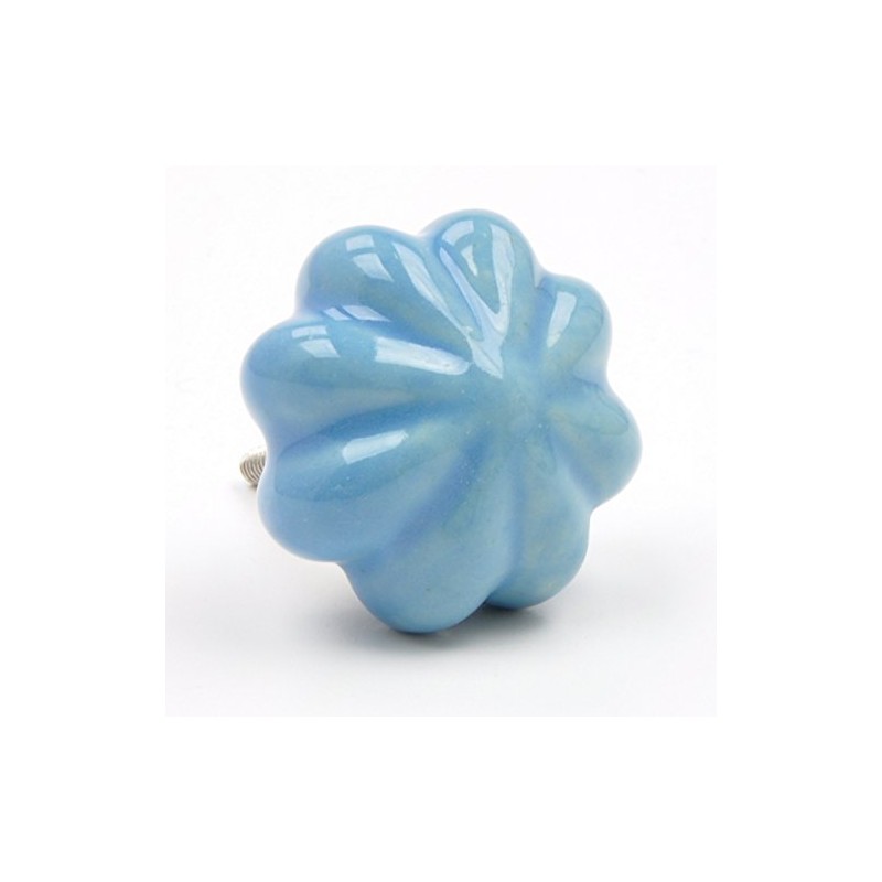 Chunky Painted Blue Ceramic Melon Knob, Pull, Handle, for Cupboards,