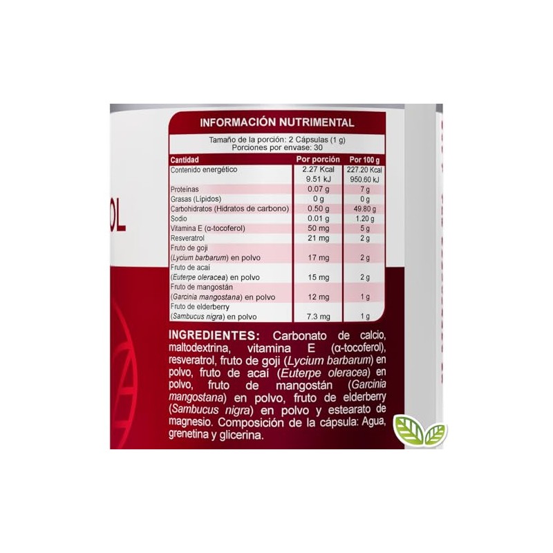 Resveratrol con Goji Acaí Elderberry Vitamina E frasco con 60