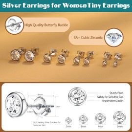 JeweBella 4 Pairs of Stud Earrings 925 Silver Small Round Cubic Zirconia Stud Earrings Set for Women Men Girls Cartilage Tragus Earrings Set Gold/Silver/Rose Gold 2/3/4/5 mm, Sterling Silver