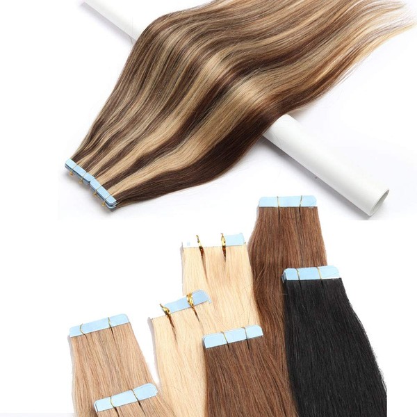 Tape In Hair Extensions Human Hair Invisible Seamless Skin Weft Double Side Tape Remy Human Hair Extensions Natural Straight For Women (20'',30g/20pcs,#4P27 Medium Brown&Dark Blonde)