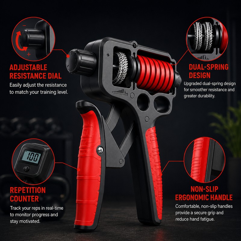 Adjustable Hand Grip Strengthener with Repetition Counter – Dual-Spring Exerciser