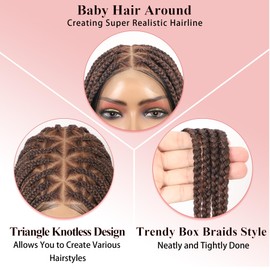 Zurffiy 360° HD Full Lace Braided Wigs for Women Knotless Box Braid Wig with Baby Hair Human Hair Blended Braided Lace Front Wigs Brown 36 Inch
