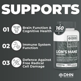 DH Nutrition *New Bonus Size* 160 Vegan Capsules of Premium Lion's Mane Mushroom Powder | Antioxidant & Immune Support | Natural Nootropic | 100% Fruiting Bodies | Canadian Made, Quality Assured