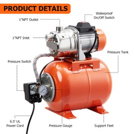 3/4HP Shallow Well Pump With Pressure Tank, 600GPH, Stainless Steel Irrigation Jet Pump, Automatic Water Booster System for Home Garden Lawn Farm