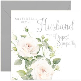 On The Sad Loss of Your Husband Sympathy Card - White Roses Condolences Card - Sorry Mourning Bereavement Cards for Adults - Thinking of You Cards | Blank Inside