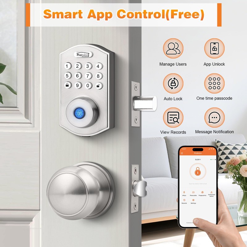 Probrico Smart Keyless Entry Door Lock with Knob Set, Fingerprint