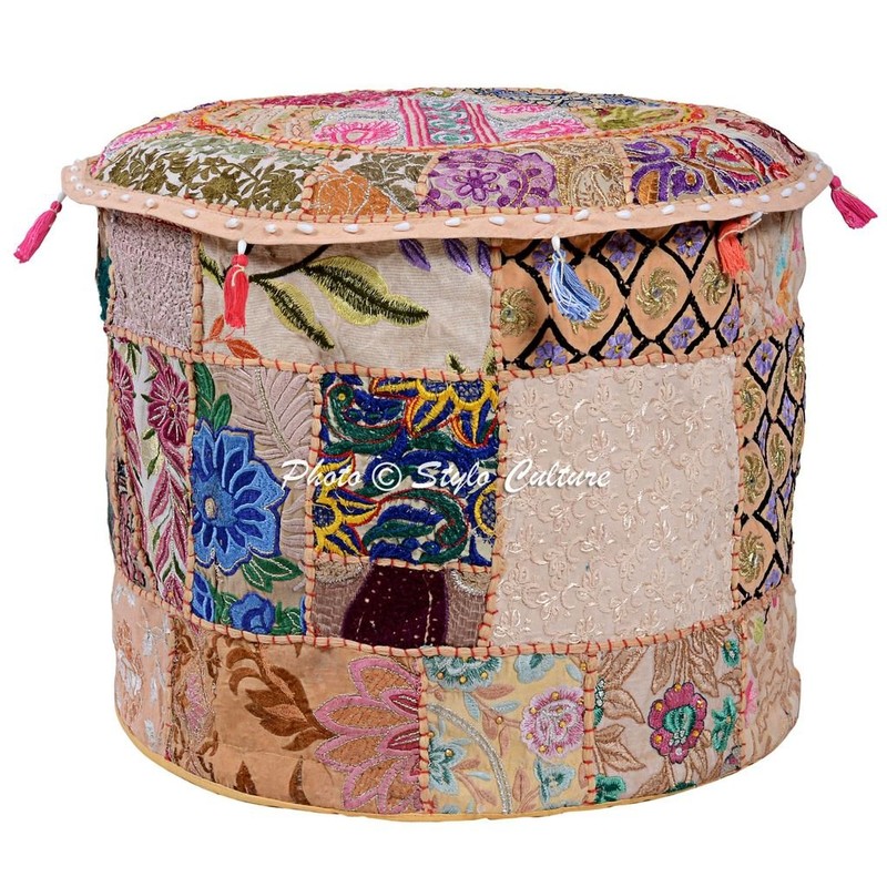 Stylo Culture Cotton Patchwork Embroidered Ottoman Stool Pouf Cover Beige