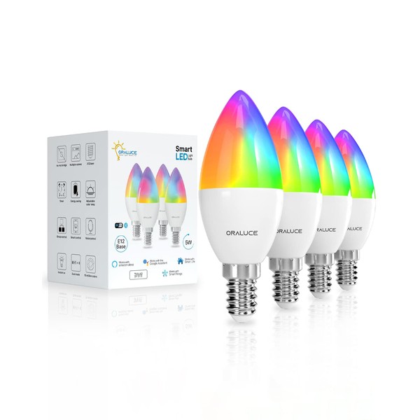 ORALUCE Smart Light Bulbs, WiFi＆Bluetooth E12 Smart Bulbs That Work with Alexa Google Home Compatible, 40W Equivalent Type B LED Light Bulb, RGBCW 2700-6500K Color Changing, 5W 500LM, 4Pack