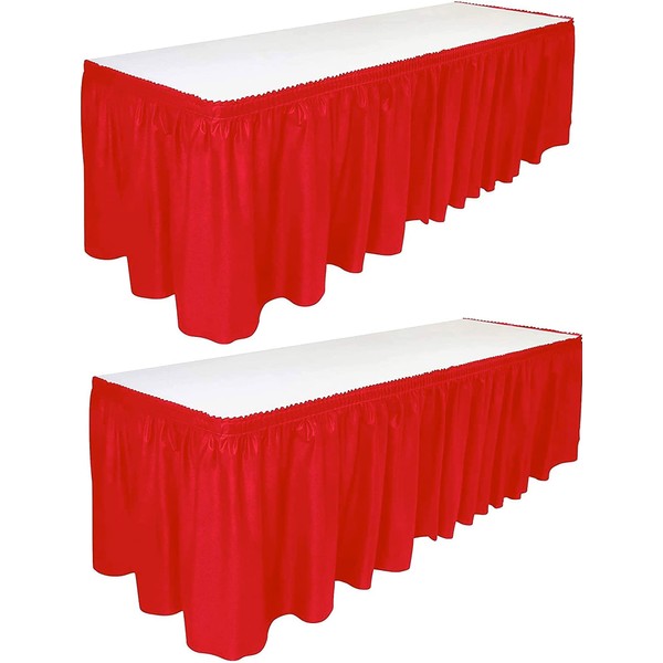 DecorRack 2 Pack Table Skirts, 29 in x 14 ft Each, Multi Pack -BPA Free- Plastic Tableskirt, Disposable, Reusable, Rectangular Tablecloth Skirt, Red (2 Pack)
