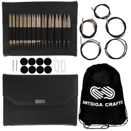 Lykke Driftwood 5 Inch (13cm) Interchangeable Circular Knitting Needles Birch Wood US Sizes 4, 5, 6, 7, 8, 9, 10, 10.5, 11, 13, 15, & 17 with 5 Cords, connectors, Black Faux Leather Case, Project Bag