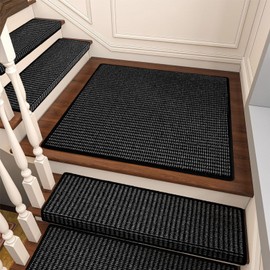 Brakki Bullnose Carpet Stair Treads, Non Slip Landing Mat for Wooden Steps Indoor, Soft Stair Rugs for Pets, Indoor Doormat for Kitchen Bathroom, Washable, 30"x30" 1pc, Black and Grey