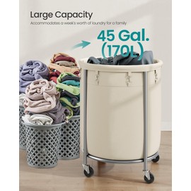 SONGMICS SONGMICS Laundry Basket with Wheels, Rolling Laundry Hamper, 45 Gal., Round Laundry Cart with Steel Frame and Removable Bag, 4 Casters and 2 Brakes, Cream and Silver URLS01MZ
