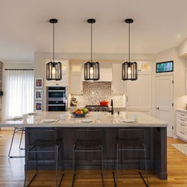 Dijiahua Black Plug in Pendant Lights Kitchen Island, Small Industrial 1-Light Chandelier with Metal Cage Shade, Adjustable Cord with On/Off Switch,Mini Hanging Lamp Fixtures for Bedroom(1 Pack)