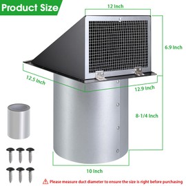 10 Inch Wall Vent Cover,Exhaust Vent Hooded Wall Vent with Screen and Damper,Outdoor Wall Exhaust Vent Cap Exterior Air Vent Cover for Kitchen Range Hood HVAC Duct Dryer Ventilation,Galvanized Steel