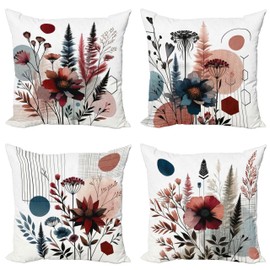 Ambesonne Botanical Throw Pillow Cushion Cover Set of 4, Painting Look Flowers and Branches Abstract Geometric Mesh Details, Decorative Accent Double-Sided Printing, 24", Sea Blue Ruby Dried Rose
