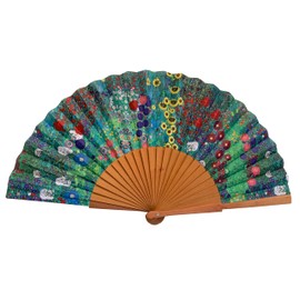 Tusitala Barcelona Hand Fan Garden - Made of Wood and Cotton - 100% Spanish Craft - Includes Natural Jute Bag - Handmade Fashion Accessory - 23 cm