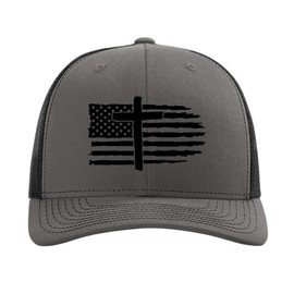 Trenz Shirt Company Mens Embroidered American Flag with Cross Mesh Back Trucker Hat-Charcoal/Black
