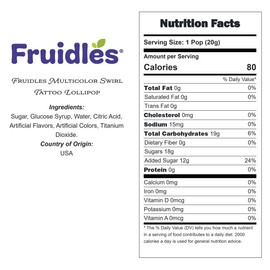 Fruidles Multicolor Swirl Tattoo Lollipop, Blue, Orange, Yellow, Purple, Red Mixed Fruit Flavor, Made in Brazil, Individually Wrapped, 8g Swirl Pop (Half-Pound)