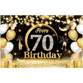 Tbecor Happy Birthday Banner Backdrop Extra Large (185 x110cm) Black Gold Theme Birthday Party Background Decorations Supplies for Boys Girls Indoor (70th)