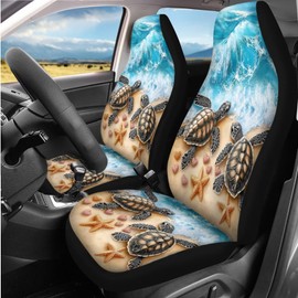 WUYOJUXA Beach Turtle Print Car Seat Covers Full Set 14 Pcs Cute Turtle Car Interior Accessories Set with Seat Belt Pads,Universal Steering Wheel Covers,Keychain Wrist Holder,Fits for Cars,SUV,Truck