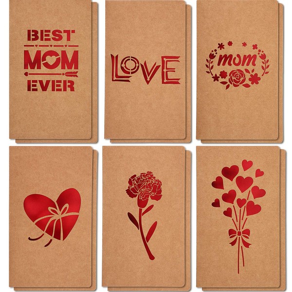 Chinco Mother's Day Greeting Gift Cards,6 Unique Assorted Kraft Die Cut Design Mother's Day Gift Best Mom Ever Cards for Mothers Day Mothers Birthday Party Supplies, Envelopes Included（12 Pieces）