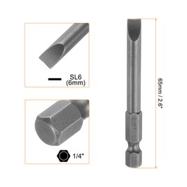 HARFINGTON SL6 Magnetic Slotted Screwdriver Bits 6mm S2 Steel Flat Head Screwdriver Bit 1/4" Hex Shank Industrial Grade Screw Driver Drill Bits 2.6" Long for Remove Fastening Screws