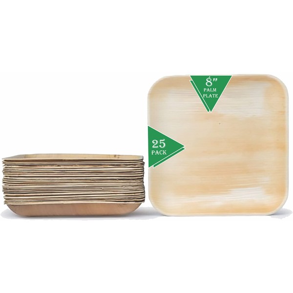 Perfectware Palm Leaf Plates Bamboo Plates Disposable 8 Inch Square (25 Pc) Compostable and Biodegradable Eco Friendly.