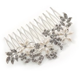 Bridal/Wedding/Prom/Party Rhodium Plated Clear Austrian Crystal, Faux Pearl Floral Hair Comb - 85mm