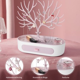 penobon Antler Jewellery Organiser Stand with Drawer, Plastic 3 in 1 Jewellery Holder for Earrings Necklaces Bracelets and Ring