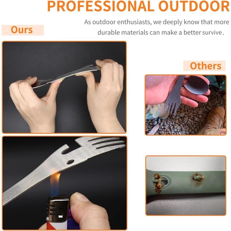 5-in-1 Tactical Spork, Stainless Steel Spoon, Fork, Knife, Bottle &