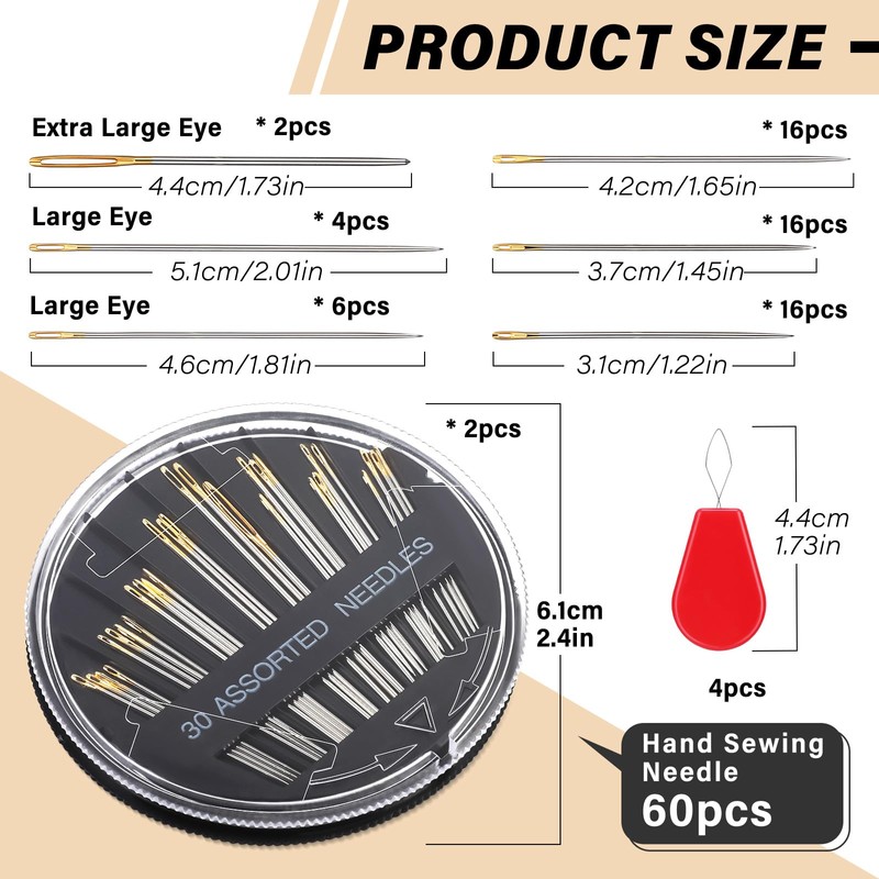 Ftyiwu 60 Pack Hand Sewing Needles, Embroidery Needles Kit Assorted,