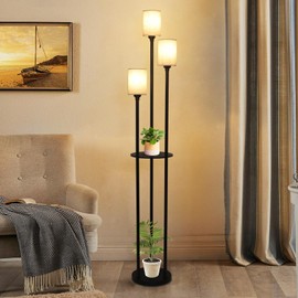 Stepeak Floor Lamp with Shelves, Modern Floor Lamps for Living Room, 3-Lights Standing Lamp with Linen Shade and Foot Switch, Industrial Standing Lamps for Bedroom, Black Tall Table Lamp for Office